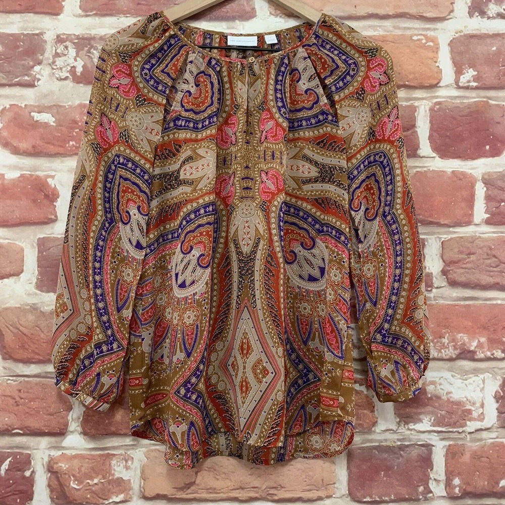 New York & Company Top Women's Small Brown Multicolor Sheer Boho Floral Blouse